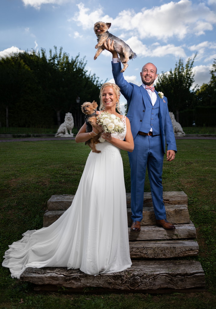 Photo de mariage insolite avec les mariés et leurs chiens